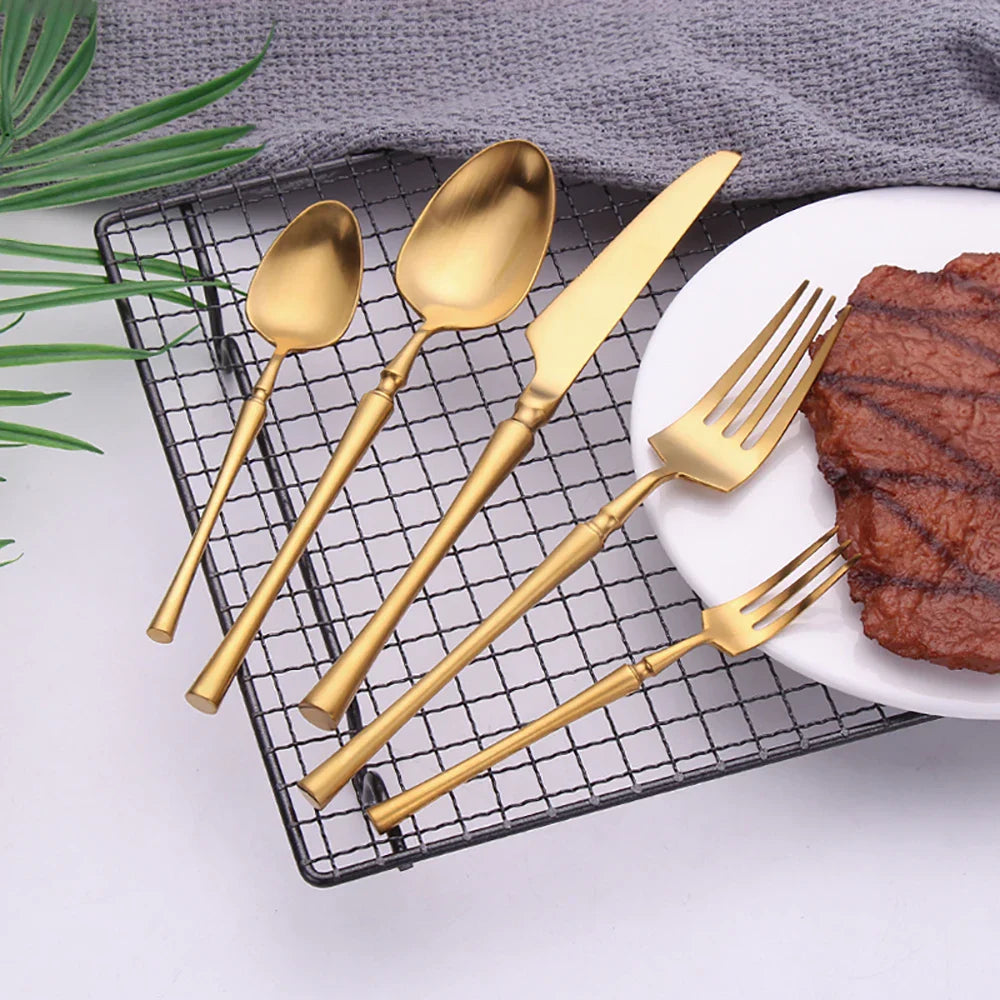 5 Pieces Knife Fork Spoon Set Gold Cutlery Complete