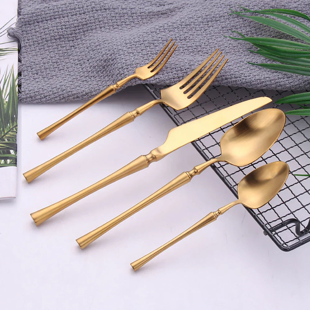 5 Pieces Knife Fork Spoon Set Gold Cutlery Complete