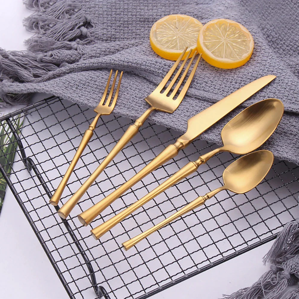 5 Pieces Knife Fork Spoon Set Gold Cutlery Complete